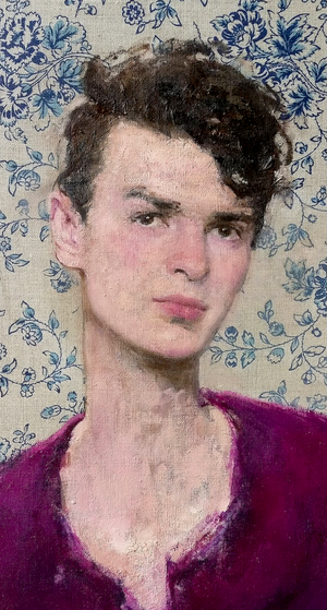 Oil portrait with a blue patterned background