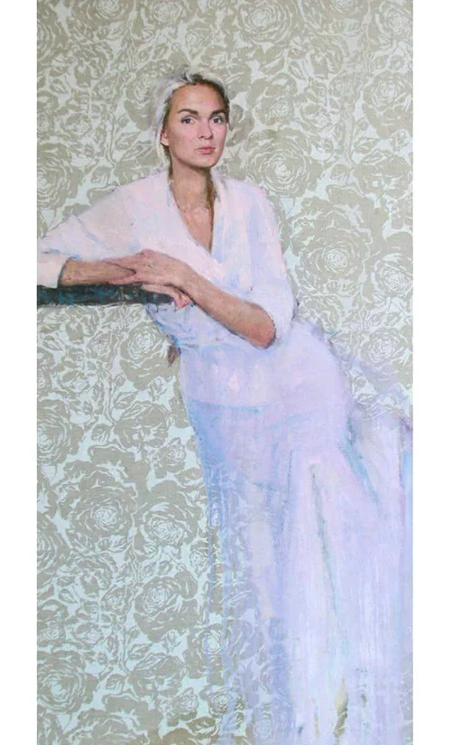 Polina, oil portrait on patterned canvas